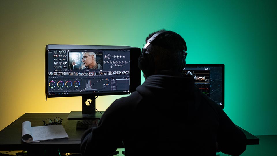 Imagem de um homem editando um videono computador
